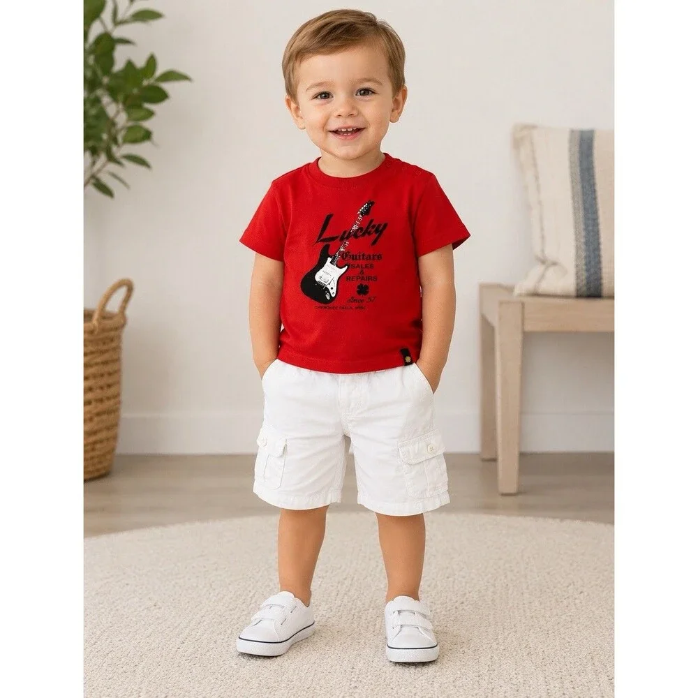 LUCKY BRAND Boys 2 Piece Outfit Set Guitar Graphic T-Shirt Cargo Shorts 24m Cute